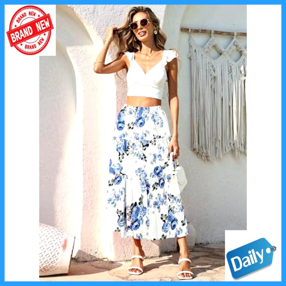 Midi Skirt Elastic High Waist A-Line Flowy Flared Ruffle Casual - Picture 2 of 7